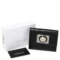 Versace Black Croc Embossed Leather Medusa Flap Compact Wallet