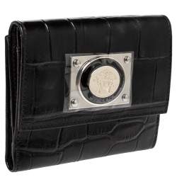 Versace Black Croc Embossed Leather Medusa Flap Compact Wallet