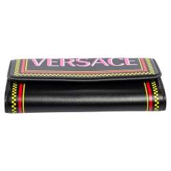 Pre Owned Versace Black Leather Vintage Logo Flap Continental Wallet