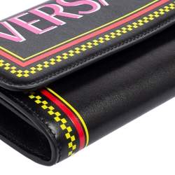 Pre Owned Versace Black Leather Vintage Logo Flap Continental Wallet