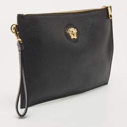 Pre Owned Versace Black Leather Medusa Wristlet Zip Pouch