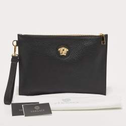Pre Owned Versace Black Leather Medusa Wristlet Zip Pouch