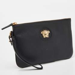 Pre Owned Versace Black Leather La Medusa Wristlet Clutch