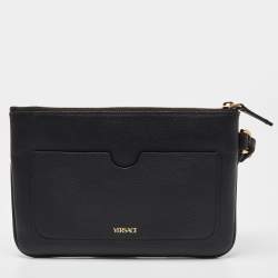 Pre Owned Versace Black Leather La Medusa Wristlet Clutch