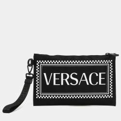 Pre Owned Versace Black/White Nylon Logo Slim Wristlet Pouch