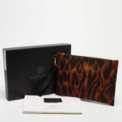 Versace Brown/Black Leopard Print Nylon Zip Wristlet Pouch