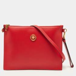 Pre Owned Versace Red Leather Medusa Zip Wristlet Pouch