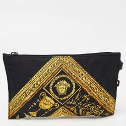 Pre Owned Versace Black/Gold Baroque Medusa Print Nylon Wristlet Pouch
