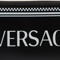 Pre Owned Versace Black Leather Logo Zip Around Continental Wallet