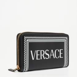 Pre Owned Versace Black Leather Logo Zip Around Continental Wallet