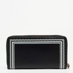 Pre Owned Versace Black Leather Logo Zip Around Continental Wallet