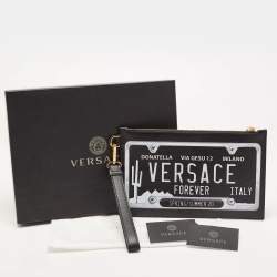 Pre Owned Versace Black Leather Number Plate Wristlet Pouch