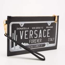 Pre Owned Versace Black Leather Number Plate Wristlet Pouch