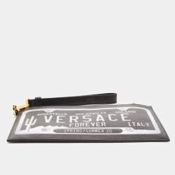 Pre Owned Versace Black Leather Number Plate Wristlet Pouch