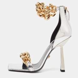 Versace Silver Leather Chain Link Ankle Strap Sandals Size 39