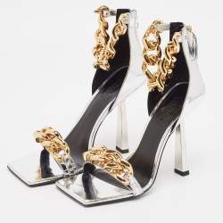 Versace Silver Leather Chain Link Ankle Strap Sandals Size 39