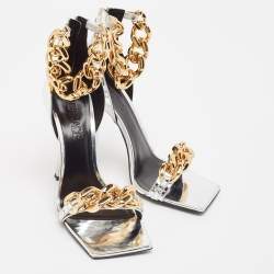 Versace Silver Leather Chain Link Ankle Strap Sandals Size 39