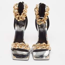 Versace Silver Leather Chain Link Ankle Strap Sandals Size 39