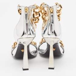 Versace Silver Leather Chain Link Ankle Strap Sandals Size 39