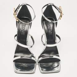 Versace Silver Leather Safety Pin Ankle Strap Sandals Size 39