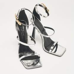Versace Silver Leather Safety Pin Ankle Strap Sandals Size 39
