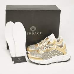 Versace Gold Glitter and Leather Trigreca Lace Up Sneakers Size 39
