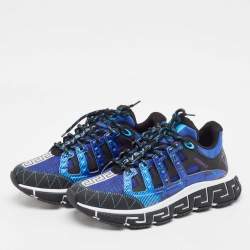 Versace Blue/Black Leather and Fabric Trigreca Sneakers Size 40.5