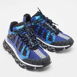 Versace Blue/Black Leather and Fabric Trigreca Sneakers Size 40.5