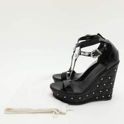 Versace Black Leather Medusa Embellished Platform Wedge Sandals Size 40