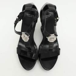 Versace Black Leather Medusa Embellished Platform Wedge Sandals Size 40