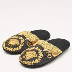 Versace Black/Yellow Fabric Crystal Embellished I Love Baroque Print Mules Size S