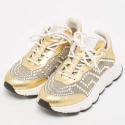 Versace Gold/Silver Leather and Lurex Fabric Trigreca Sneakers Size 38