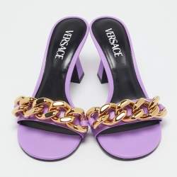 Pre Owned Versace Purple Leather Medusa Chain Slide Sandals Size 38