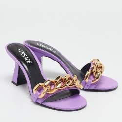 Pre Owned Versace Purple Leather Medusa Chain Slide Sandals Size 38