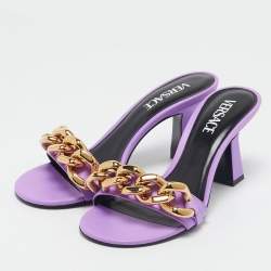 Pre Owned Versace Purple Leather Medusa Chain Slide Sandals Size 38