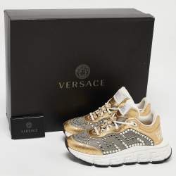 Versace Gold/Silver Leather and Lurex Fabric Trigreca Sneakers Size 36