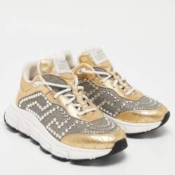 Versace Gold/Silver Leather and Lurex Fabric Trigreca Sneakers Size 36