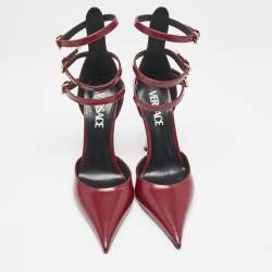 Versace Burgundy Brushed Leather Pin-Point Ankle Strap Pumps Size 36