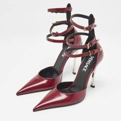 Versace Burgundy Brushed Leather Pin-Point Ankle Strap Pumps Size 36