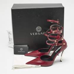 Versace Burgundy Brushed Leather Pin-Point Ankle Strap Pumps Size 36