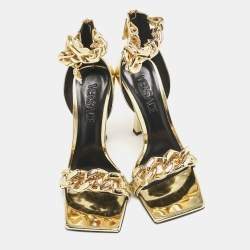 Versace Gold Leather Medusa Chain Ankle Strap Sandals Size 36