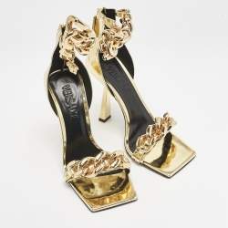 Versace Gold Leather Medusa Chain Ankle Strap Sandals Size 36