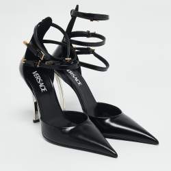 Versace Black Brushed Leather Pin-Point Ankle Strap Pumps Size 39