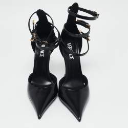 Versace Black Brushed Leather Pin-Point Ankle Strap Pumps Size 39