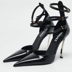 Versace Black Brushed Leather Pin-Point Ankle Strap Pumps Size 39