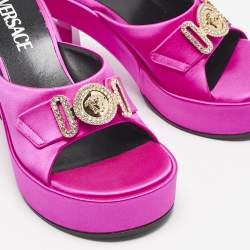 Versace Fuchsia Satin Medusa Biggie Slide Sandals Size 36