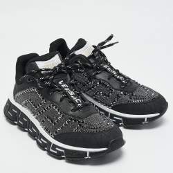 Versace Black/Grey Leather and Lurex Fabric Trigreca Sneakers Size 40