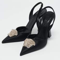 Versace Black Satin Crystal Embellished La Medusa Slingback Pumps Size 35.5