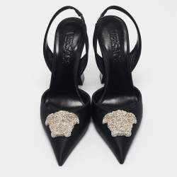 Versace Black Satin Crystal Embellished La Medusa Slingback Pumps Size 35.5