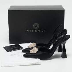 Versace Black Satin Crystal Embellished La Medusa Slingback Pumps Size 35.5